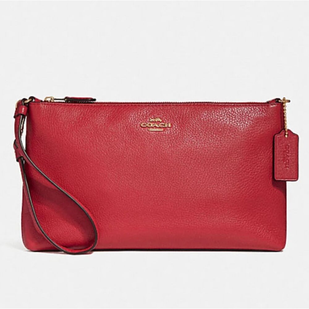 Coach Large Wristlet 25 Clutch Handbag Bright Red Pebbled Leather Gold Hardware